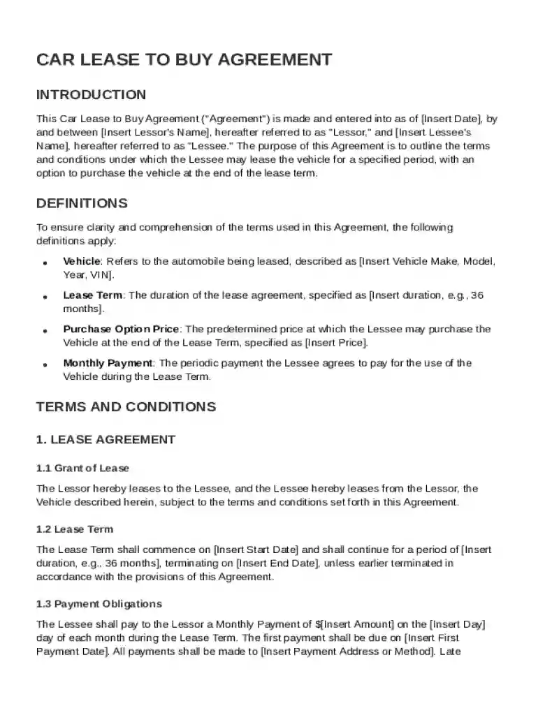 Car Lease to Buy Agreement Template Preview on Page 1