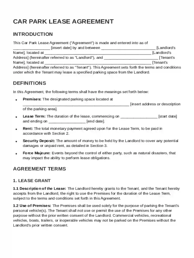 Car Park Lease Agreement Template Preview on Page 1