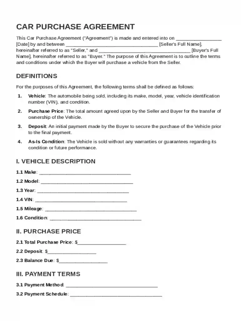 Car Purchase Agreement Template Preview on Page 1