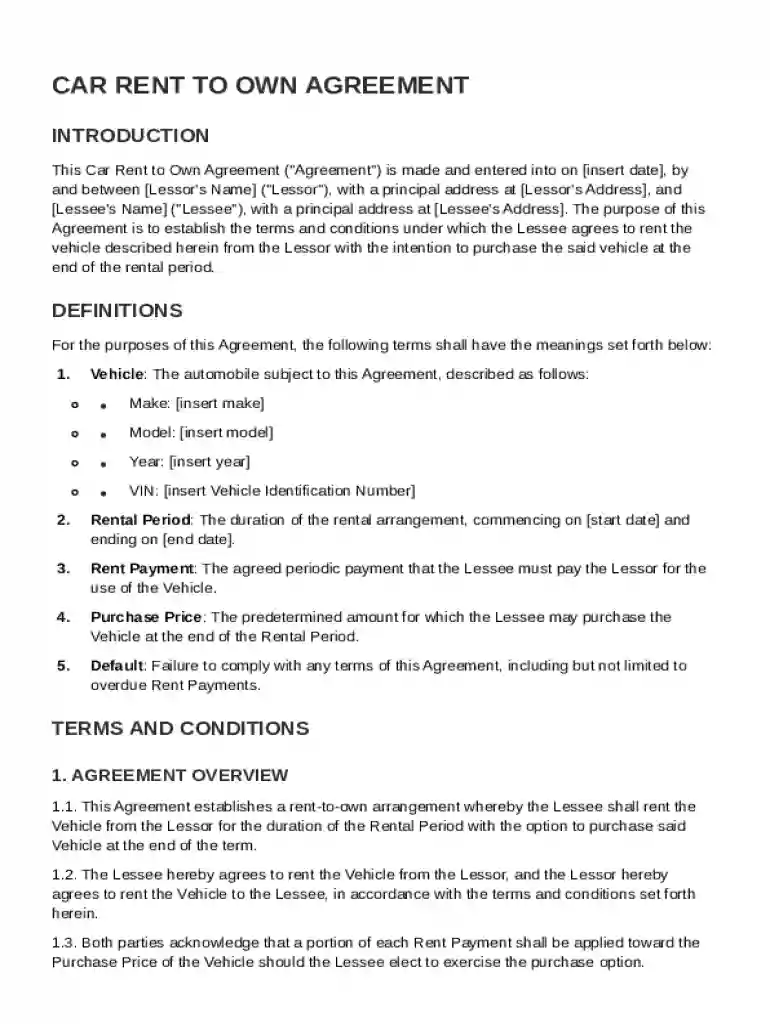 Car Rent to Own Agreement Template Preview on Page 1