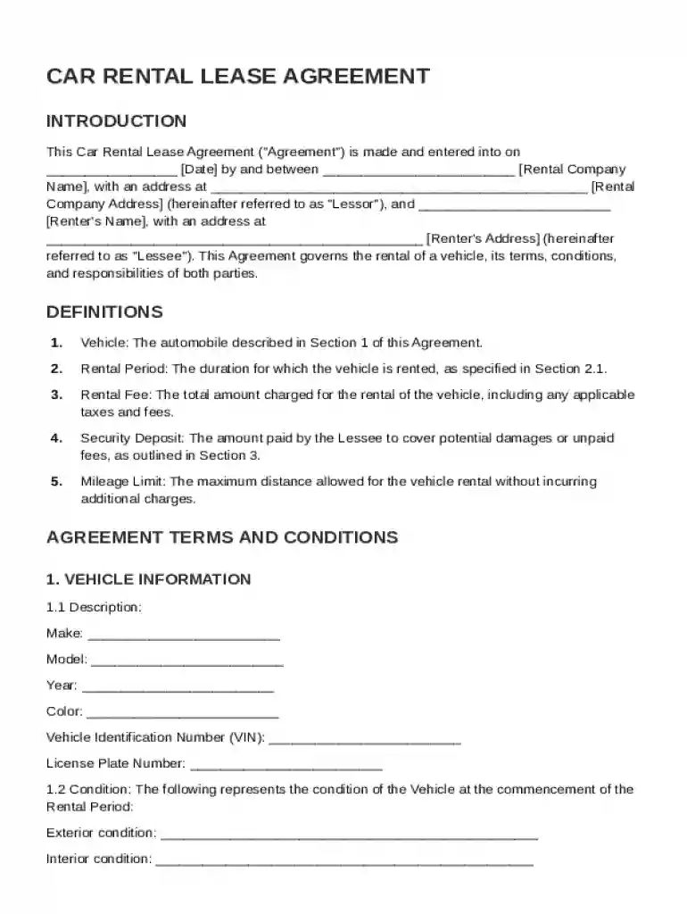 Car Rental Lease Agreement Template Preview on Page 1