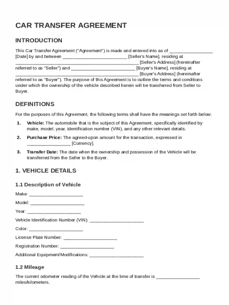 Car Transfer Agreement Template Preview on Page 1