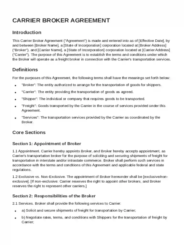 Carrier Broker Agreement Template Preview on Page 1