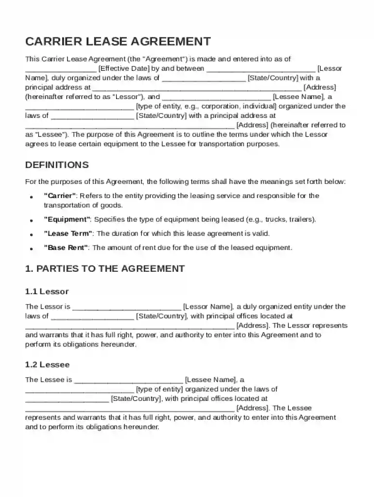 Carrier Lease Agreement Template Preview on Page 1