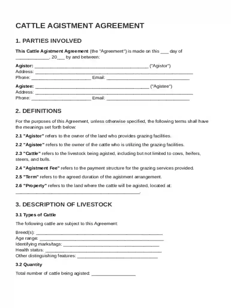 Cattle Agistment Agreement Template Preview on Page 1
