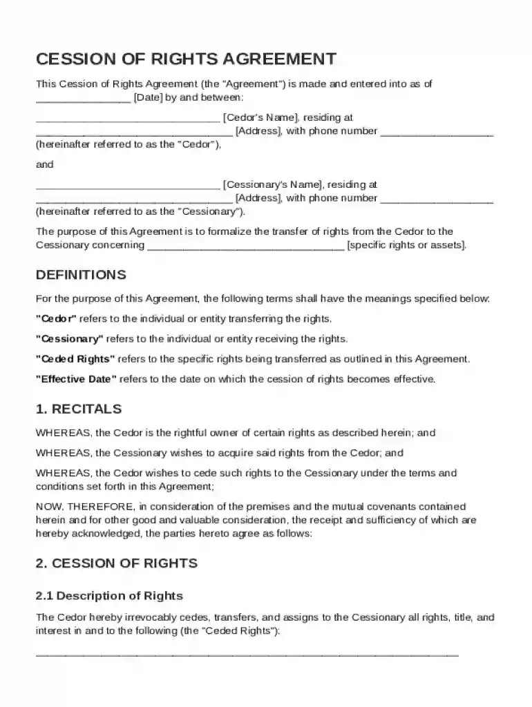 Cession of Rights Agreement Template Preview on Page 1