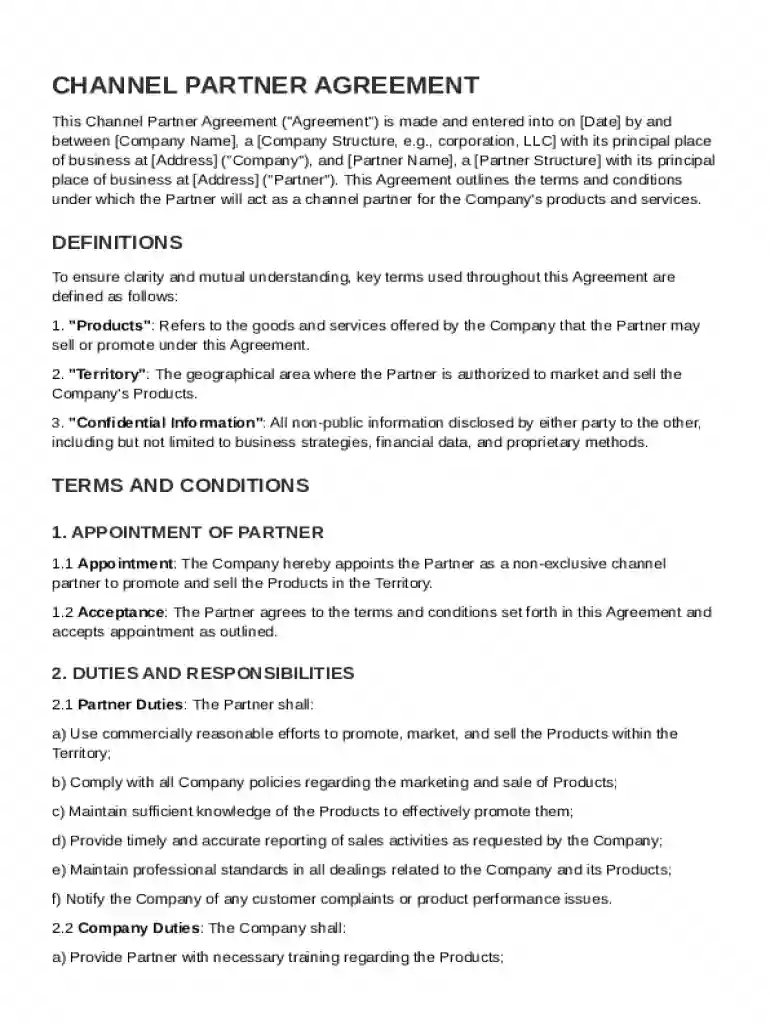 Channel Partner Agreement Template Preview on Page 1