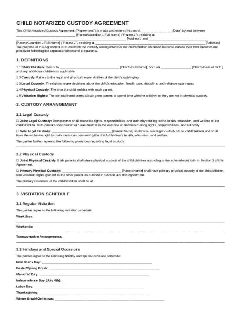Child Notarized Custody Agreement Template Preview on Page 1