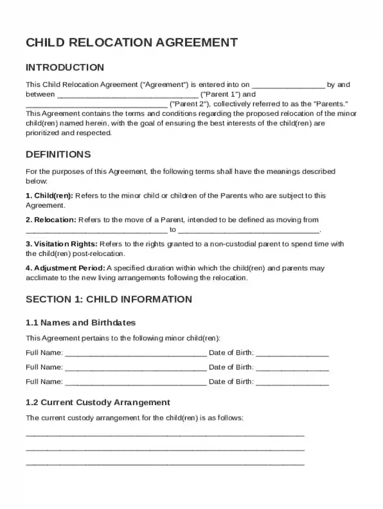 Child Relocation Agreement Template Preview on Page 1
