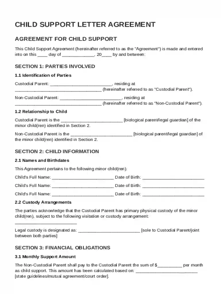 Child Support Letter Agreement Template Preview on Page 1