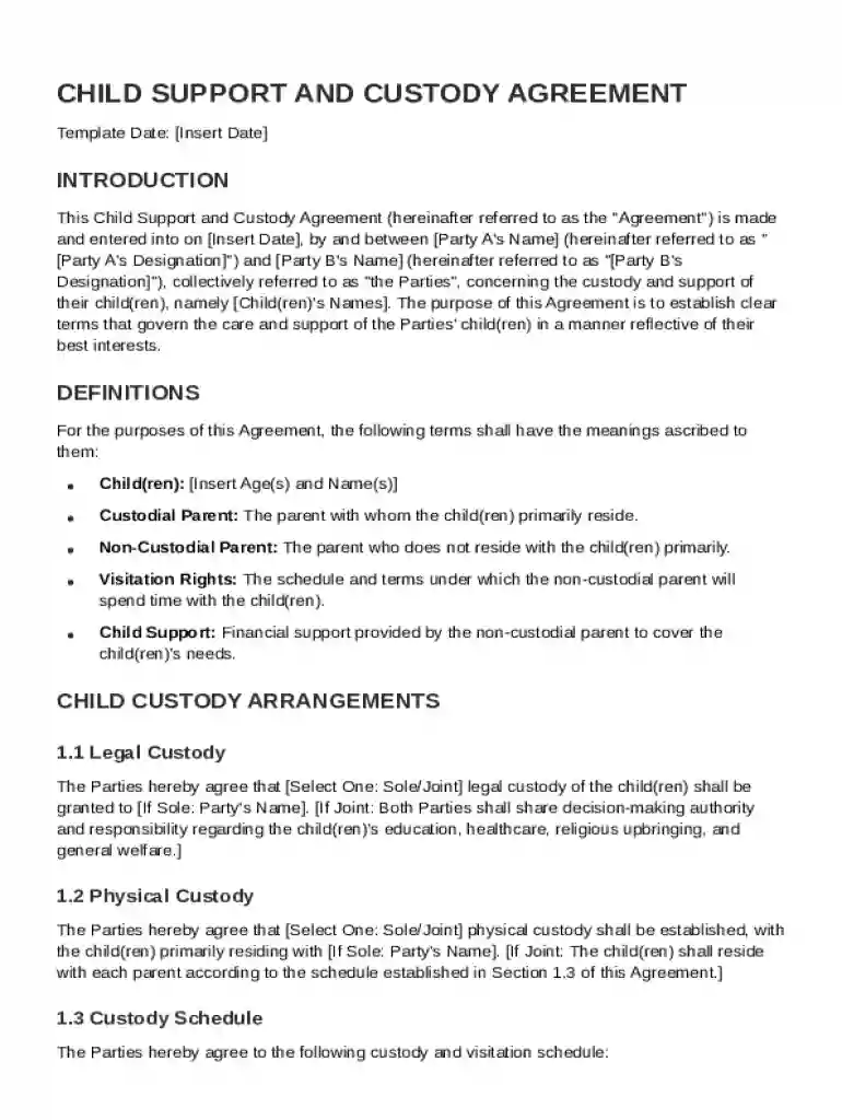 Child Support and Custody Agreement Template Preview on Page 1