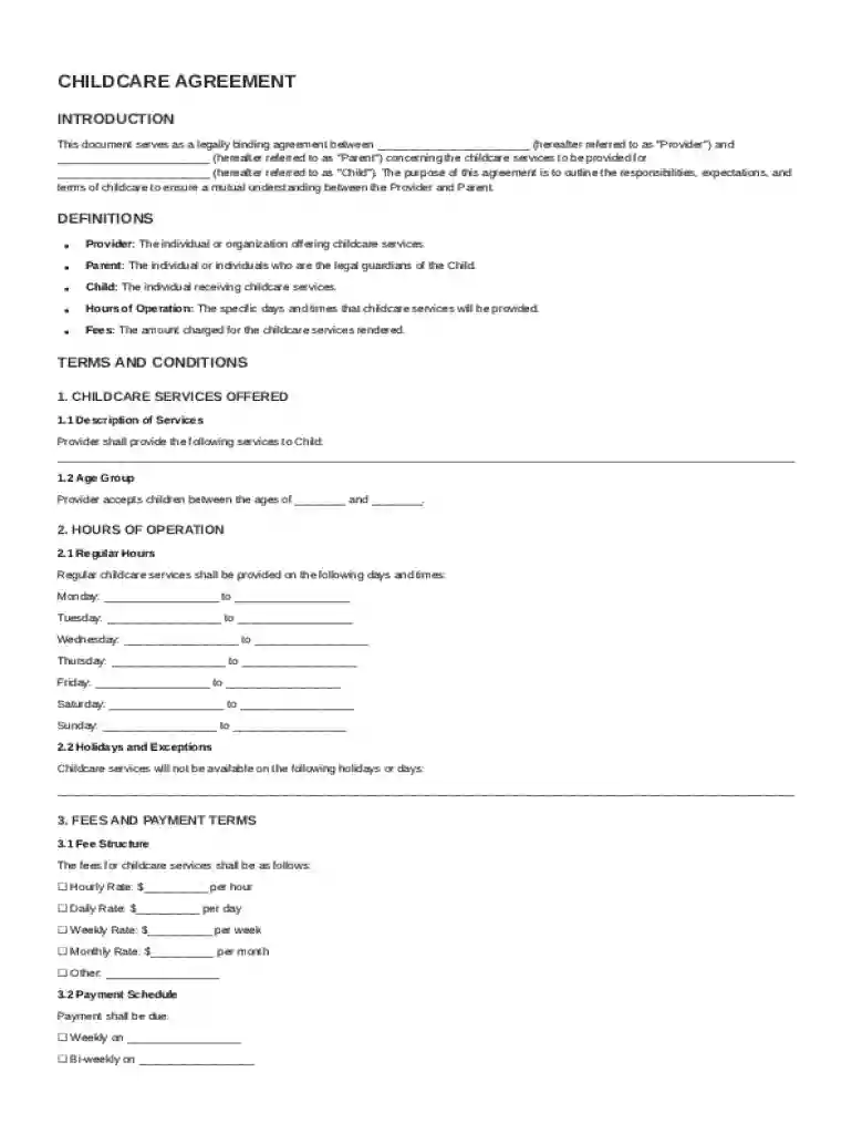 Childcare Agreement Template Preview on Page 1