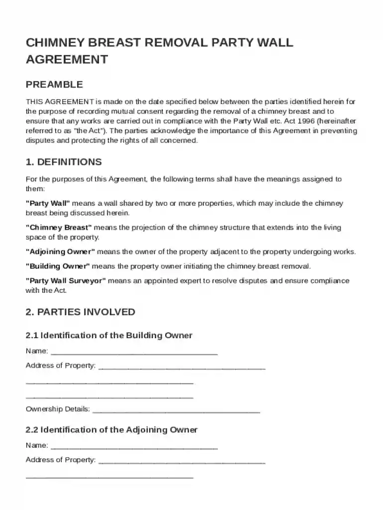 Chimney Breast Removal Party Wall Agreement Template Preview on Page 1