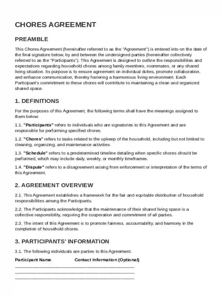 Chores Agreement Template Preview on Page 1