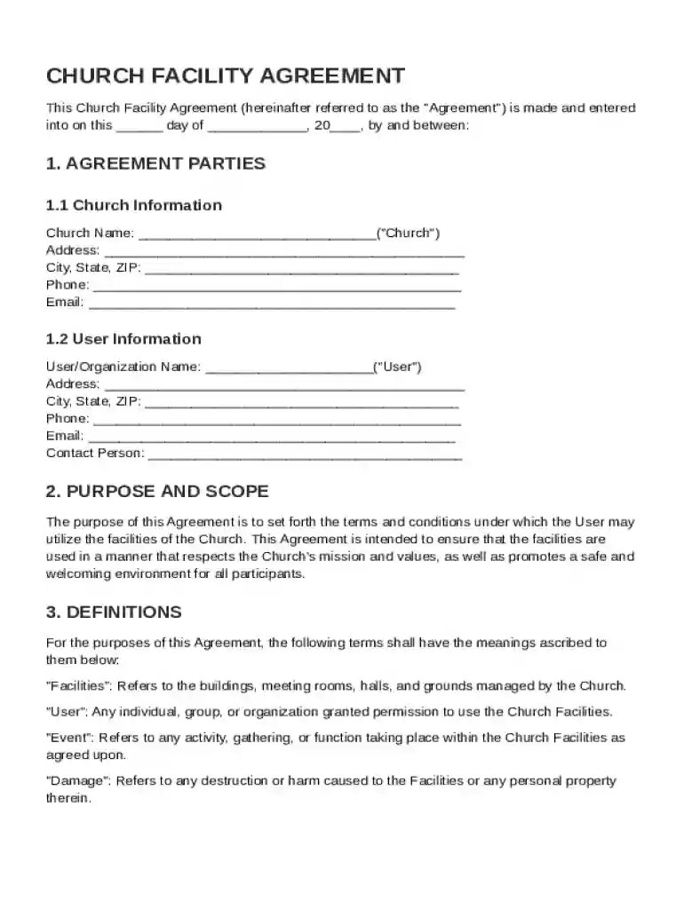 Church Facility Agreement Template Preview on Page 1