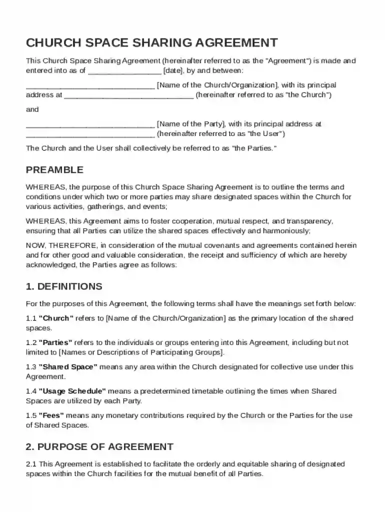 Church Space Sharing Agreement Template Preview on Page 1