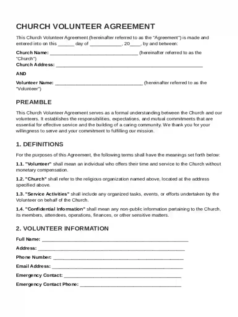 Church Volunteer Agreement Template Preview on Page 1