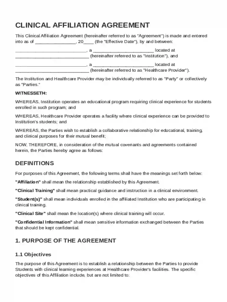 Clinical Affiliation Agreement Template Preview on Page 1
