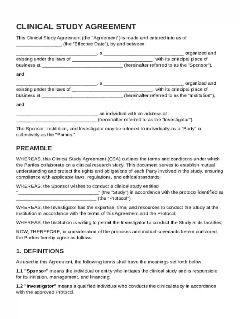 Clinical Study Agreement Template Preview on Page 1