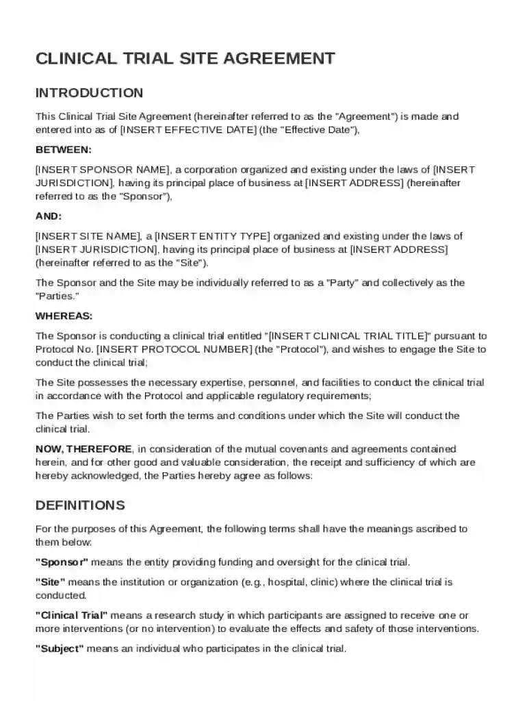 Clinical Trial Site Agreement Template Preview on Page 1