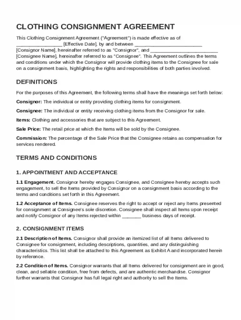 Clothing Consignment Agreement Template Preview on Page 1
