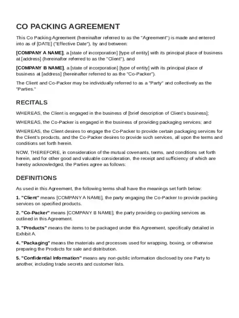 Co Packing Agreement Template Preview on Page 1