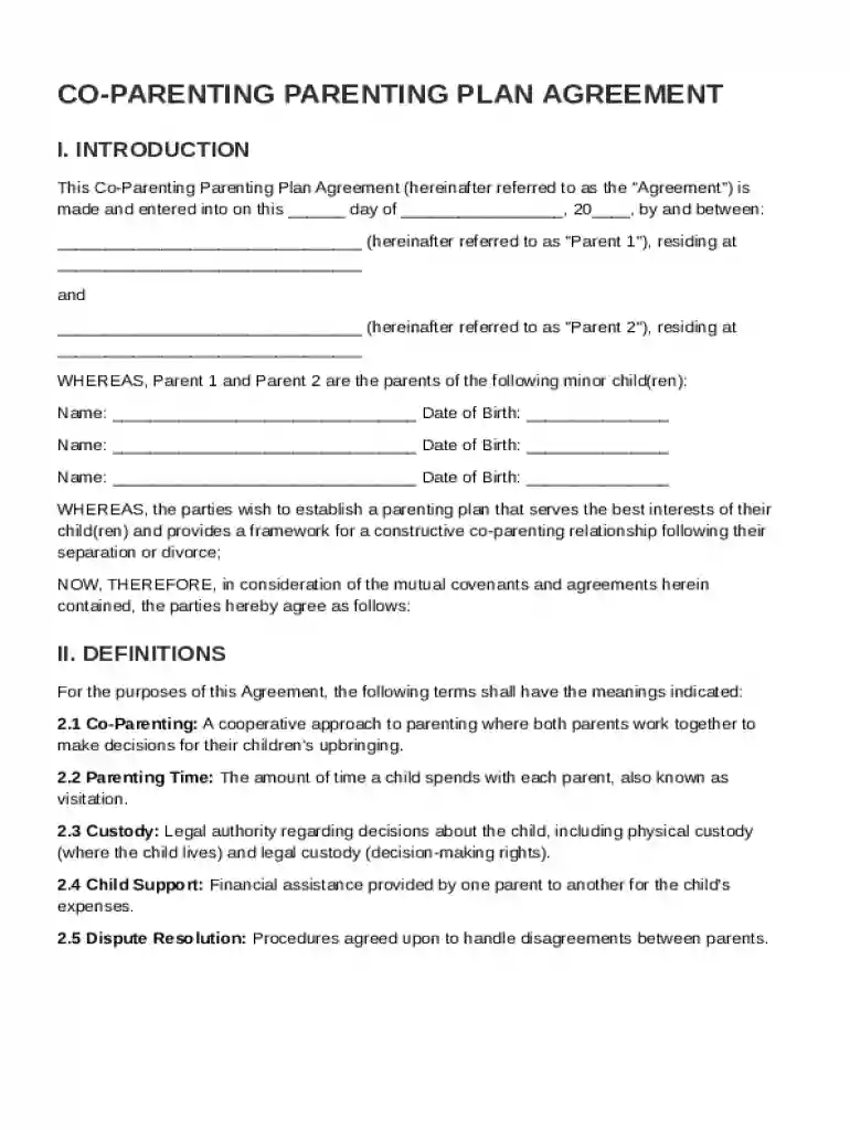 Co Parenting Parenting Plan Agreement Template Preview on Page 1
