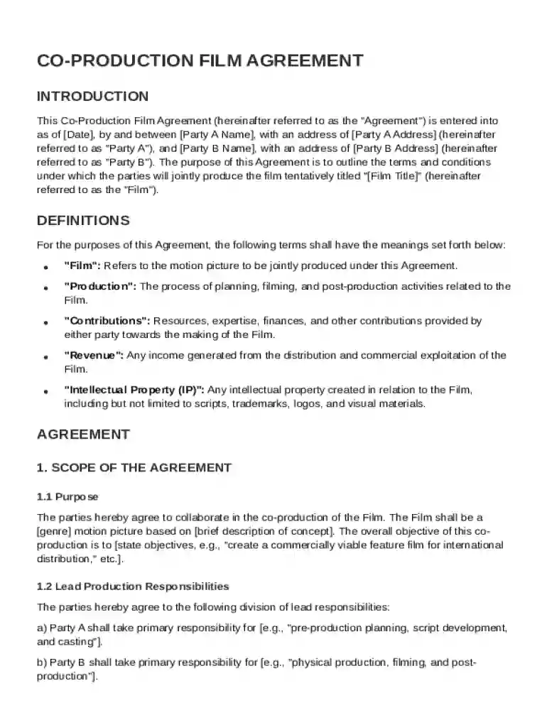 Co Production Film Agreement Template Preview on Page 1