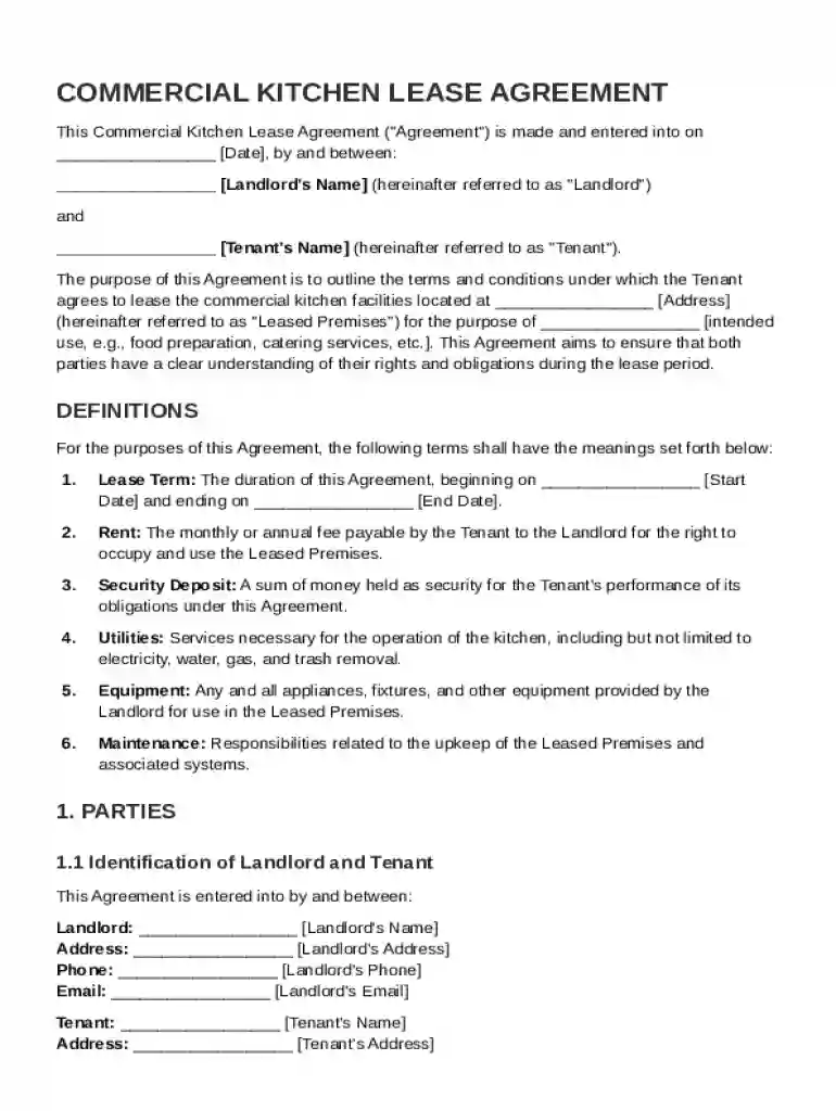 Commercial Kitchen Lease Agreement Template Preview on Page 1