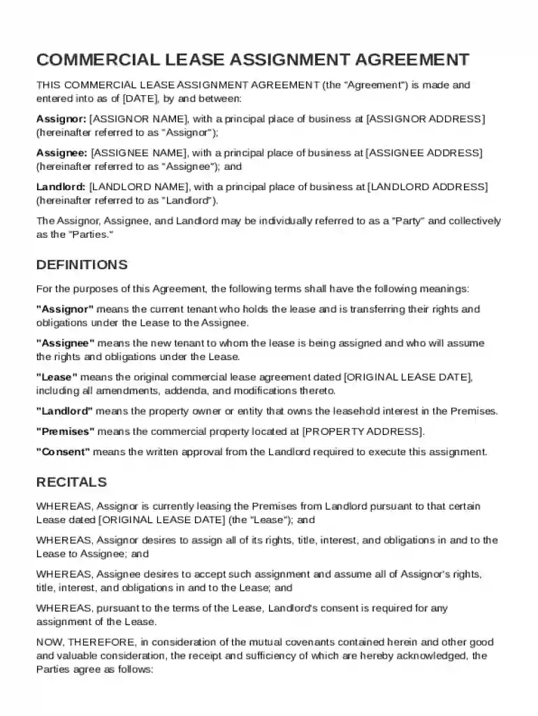 Commercial Lease Assignment Agreement Template Preview on Page 1