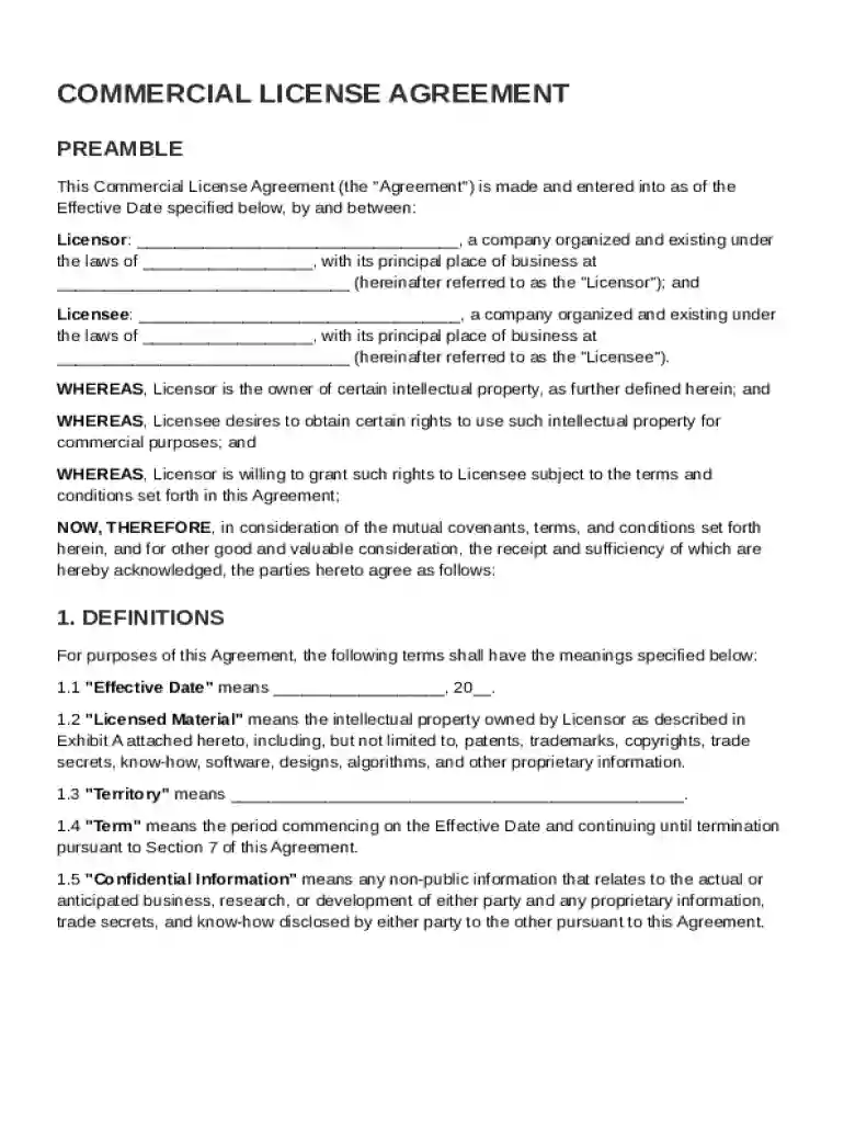 Commercial License Agreement Template Preview on Page 1