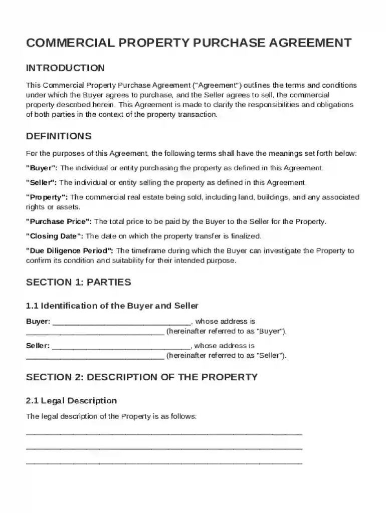 Commercial Property Purchase Agreement Template Preview on Page 1