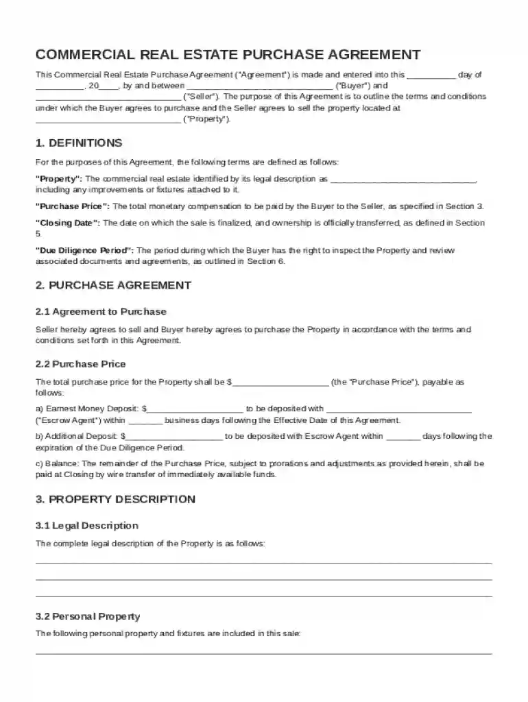Commercial Real Estate Purchase Agreement Template Preview on Page 1