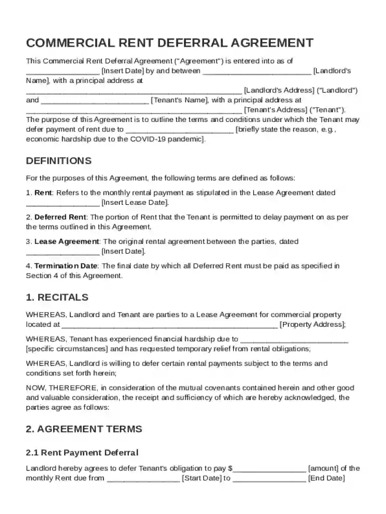 Commercial Rent Deferral Agreement Template Preview on Page 1