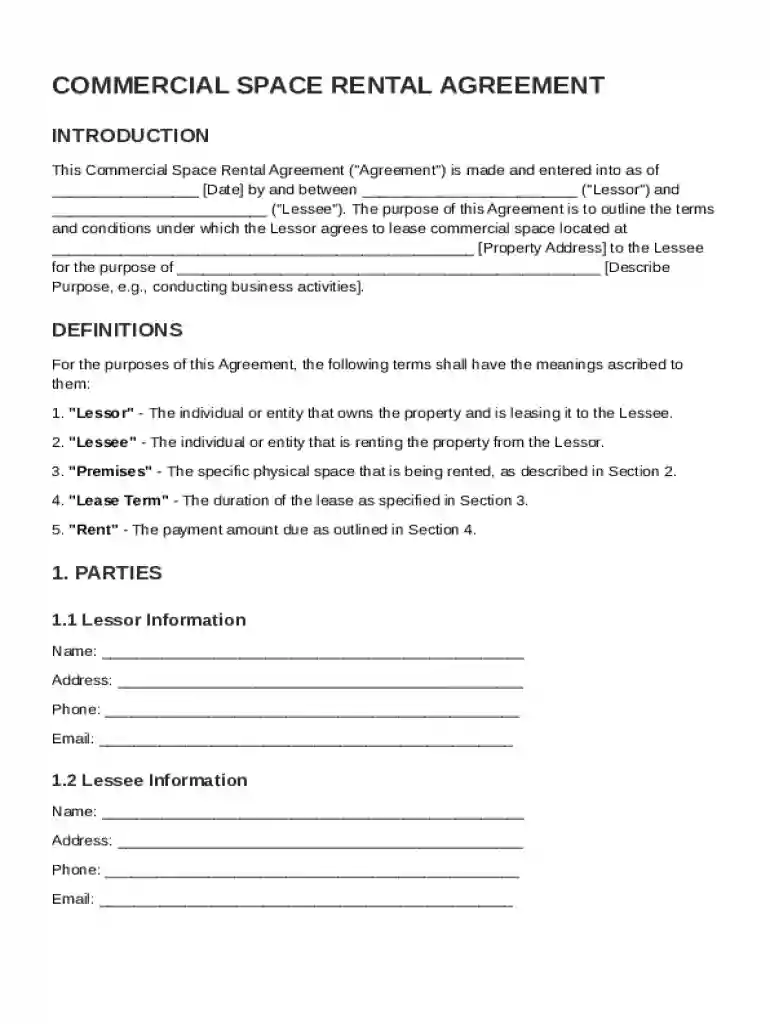 Commercial Space Rental Agreement Template Preview on Page 1