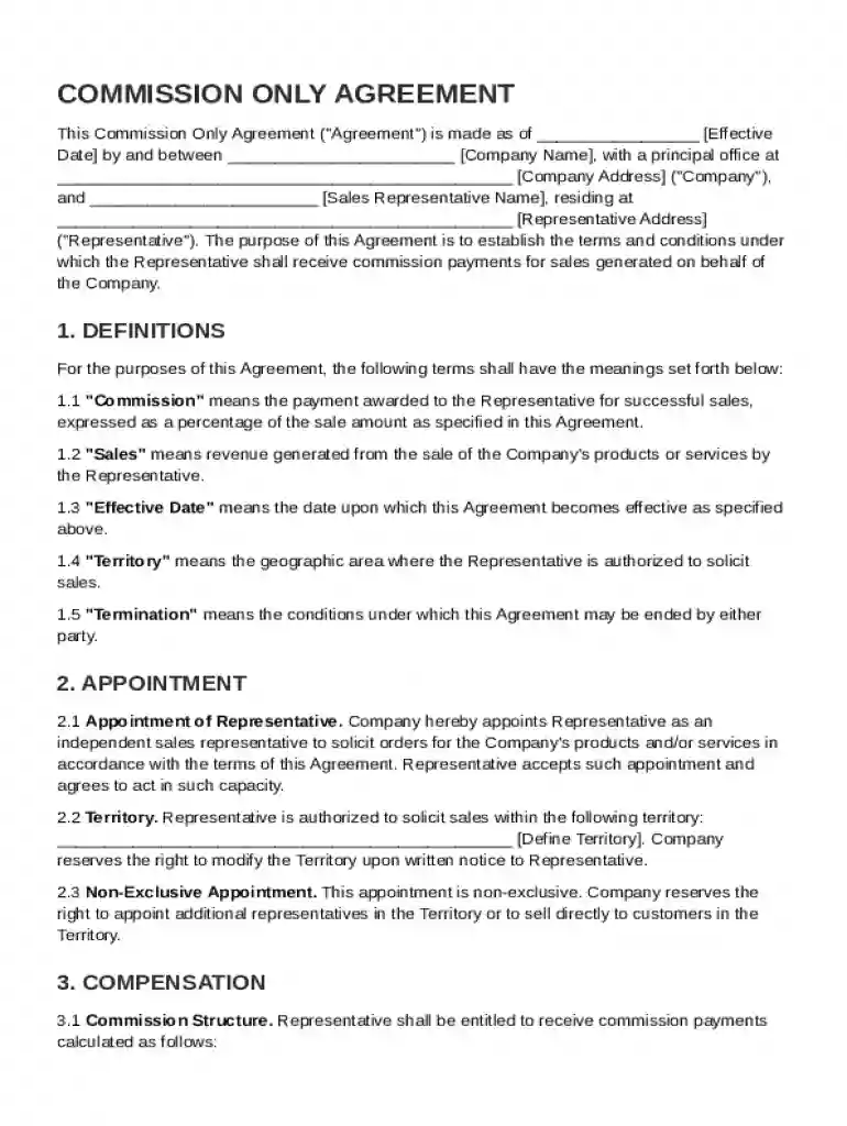 Commission Only Agreement Template Preview on Page 1