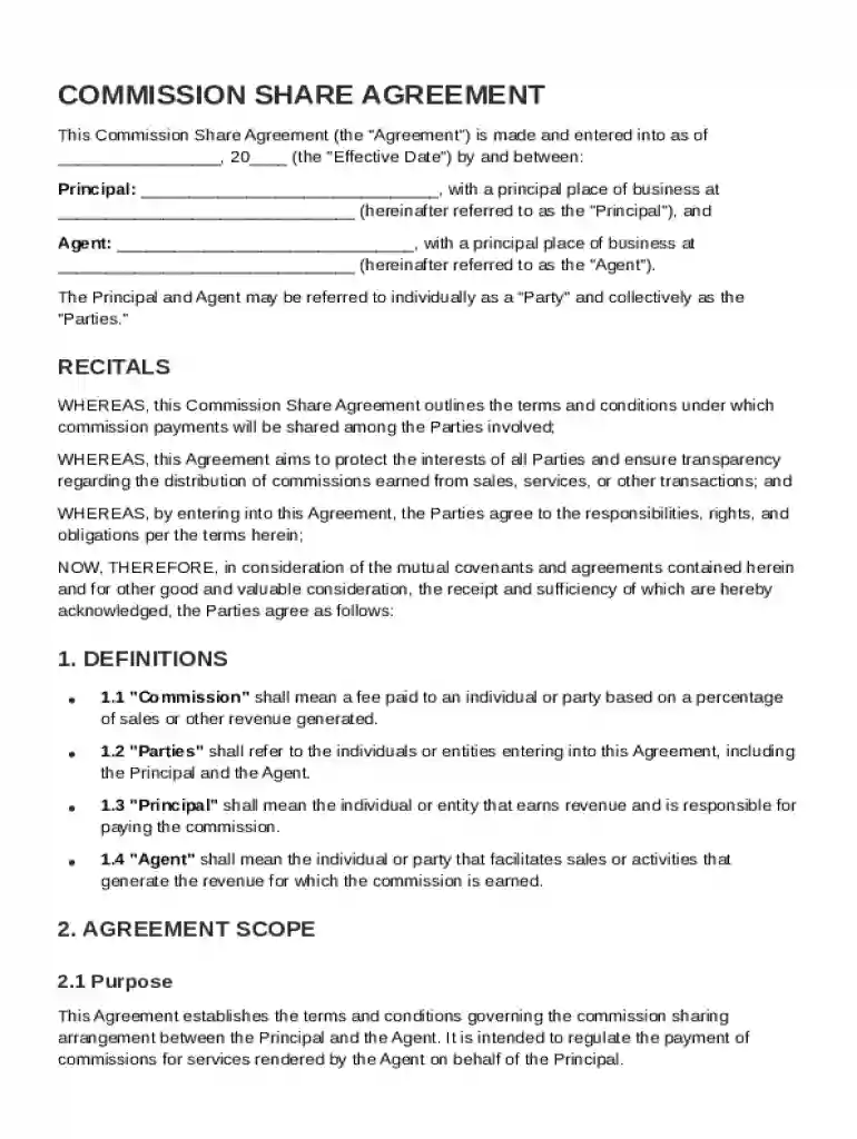 Commission Share Agreement Template Preview on Page 1