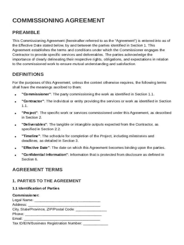 Commissioning Agreement Template Preview on Page 1