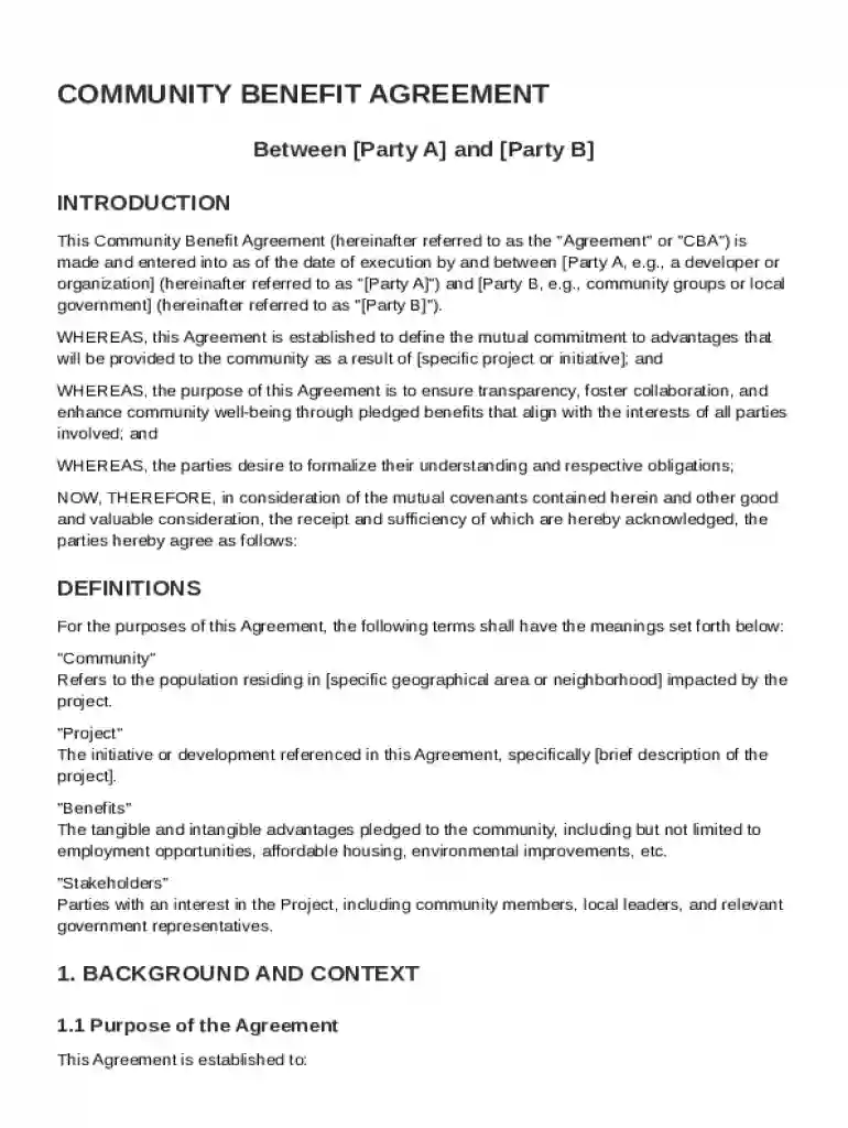 Community Benefit Agreement Template Preview on Page 1