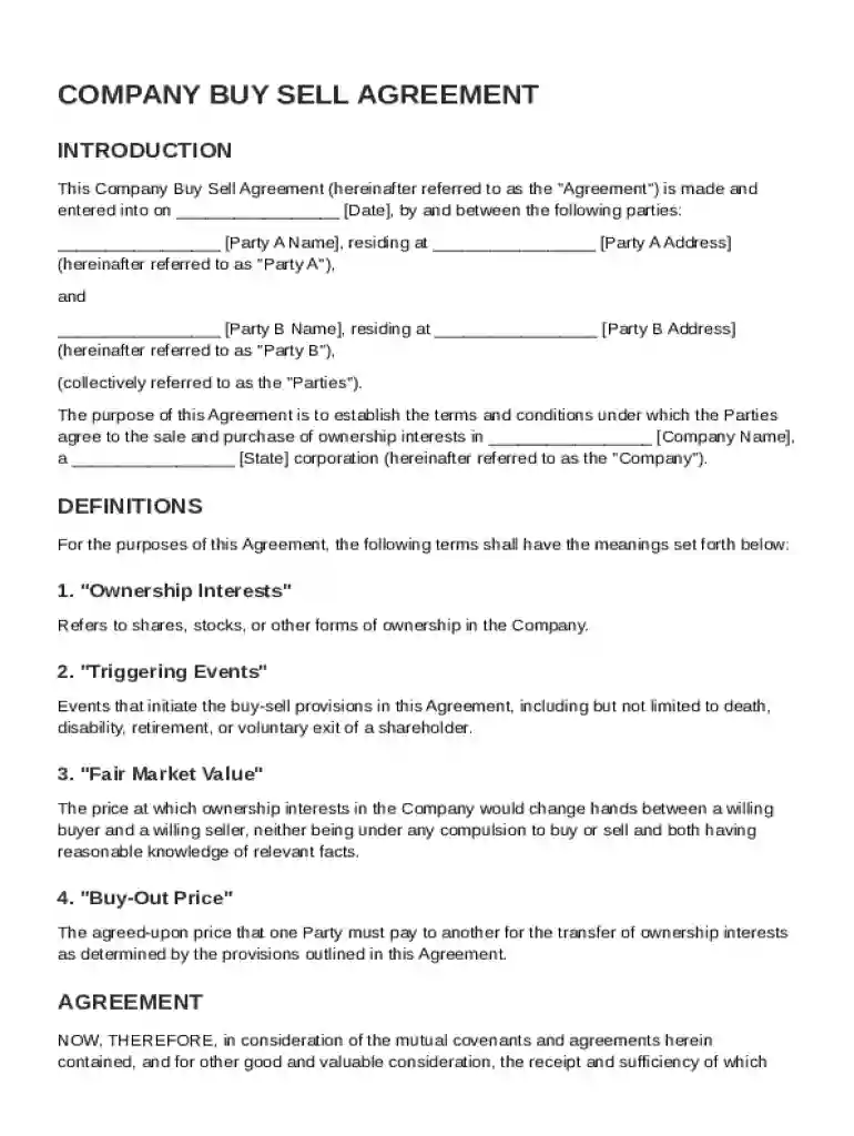 Company Buy Sell Agreement Template Preview on Page 1