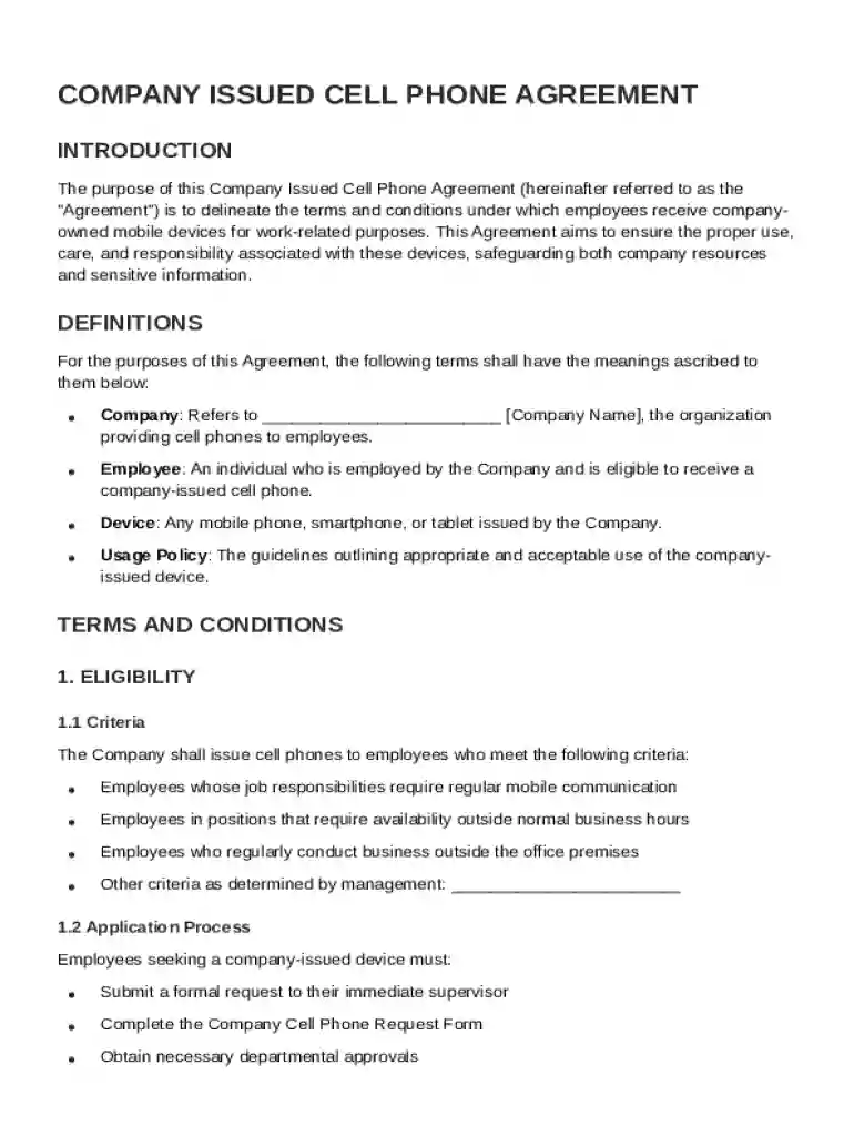 Company Issued Cell Phone Agreement Template Preview on Page 1