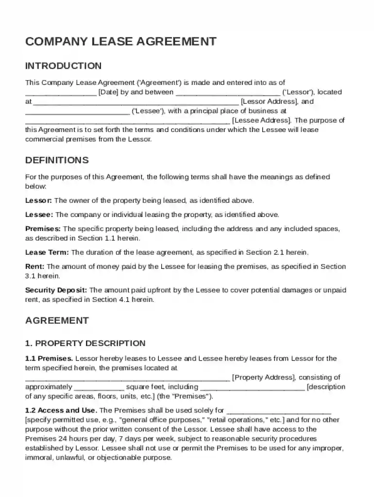 Company Lease Agreement Template Preview on Page 1