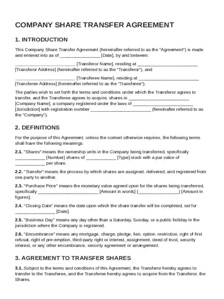 Company Share Transfer Agreement Template Preview on Page 1