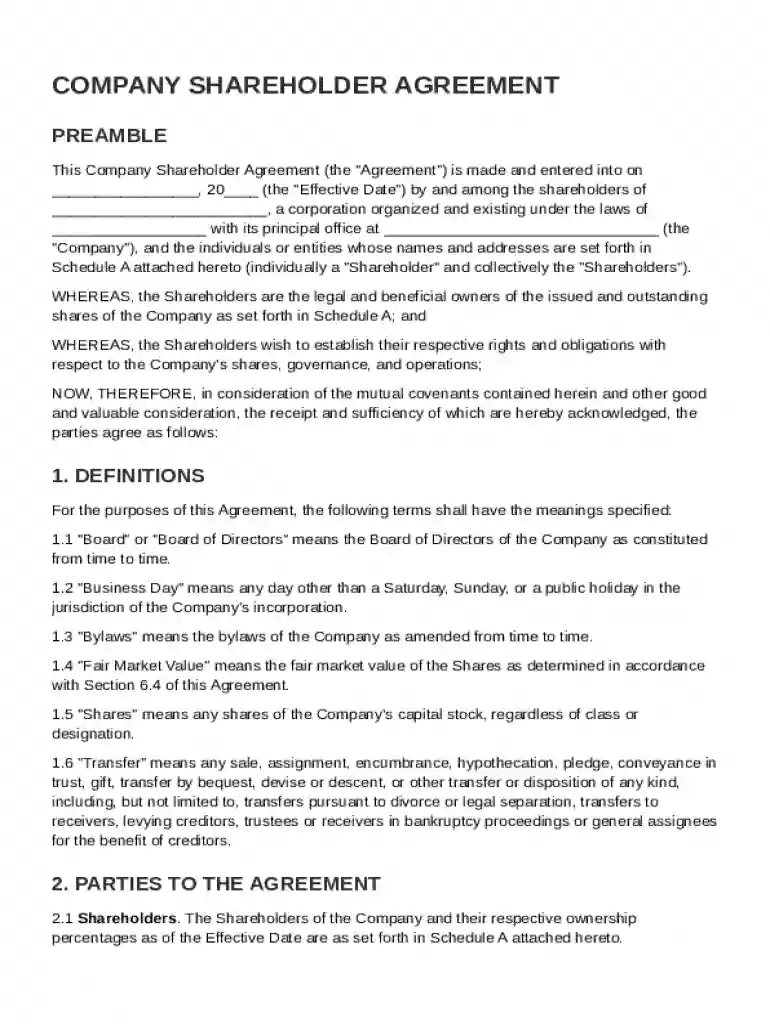 Company Shareholder Agreement Template Preview on Page 1