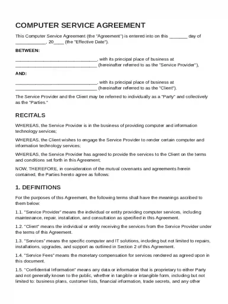 Computer Service Agreement Template Preview on Page 1