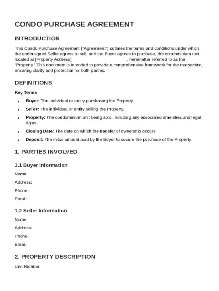 Condo Purchase Agreement Template Preview on Page 1