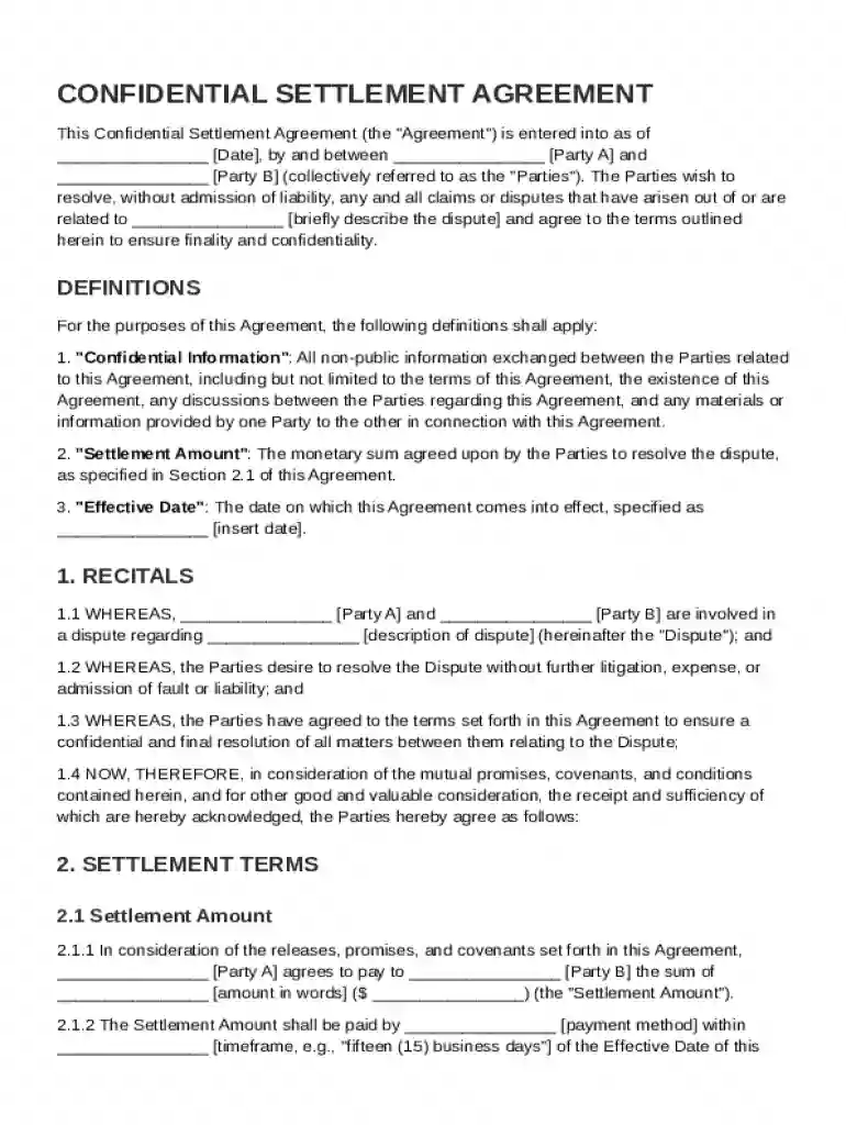 Confidential Settlement Agreement Template Preview on Page 1