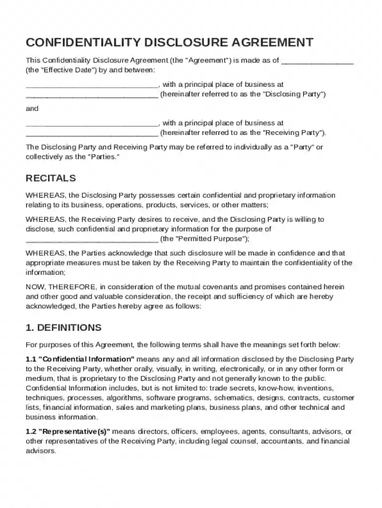 Confidentiality Disclosure Agreement Template Preview on Page 1