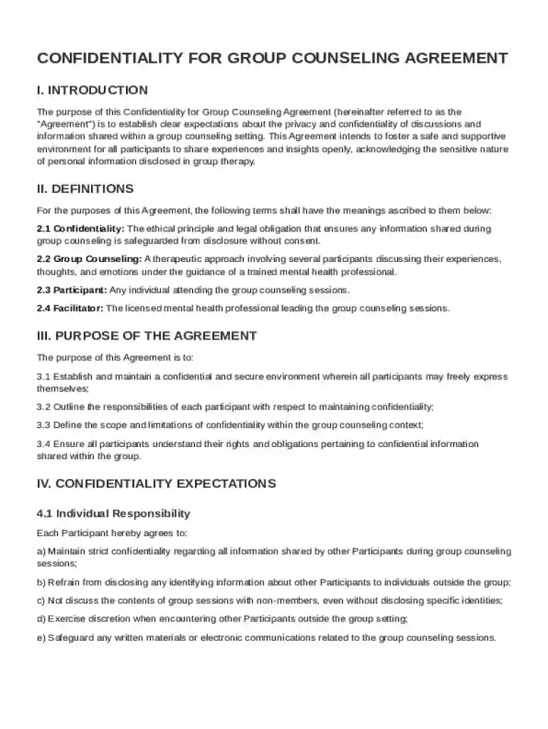 Confidentiality for Group Counseling Agreement Template Preview on Page 1