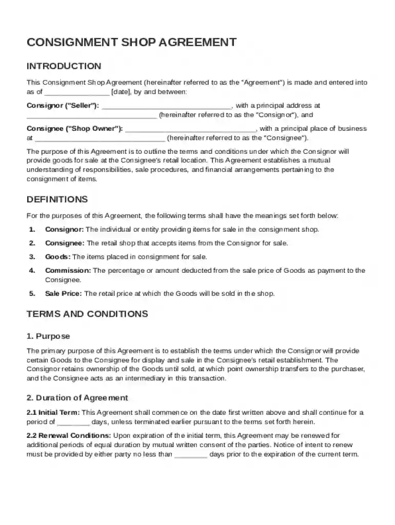Consignment Shop Agreement Template Preview on Page 1